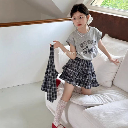 Girls Puppy Cartoon Plaid Skirt Summer Set – Baby & Children's Outfits – Image 1