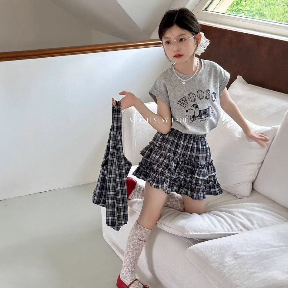 Girls Puppy Cartoon Plaid Skirt Summer Set – Baby & Children's Outfits – Image 1