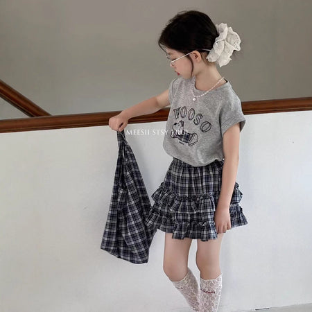 Girls Puppy Cartoon Plaid Skirt Summer Set – Baby & Children's Outfits – Image 2