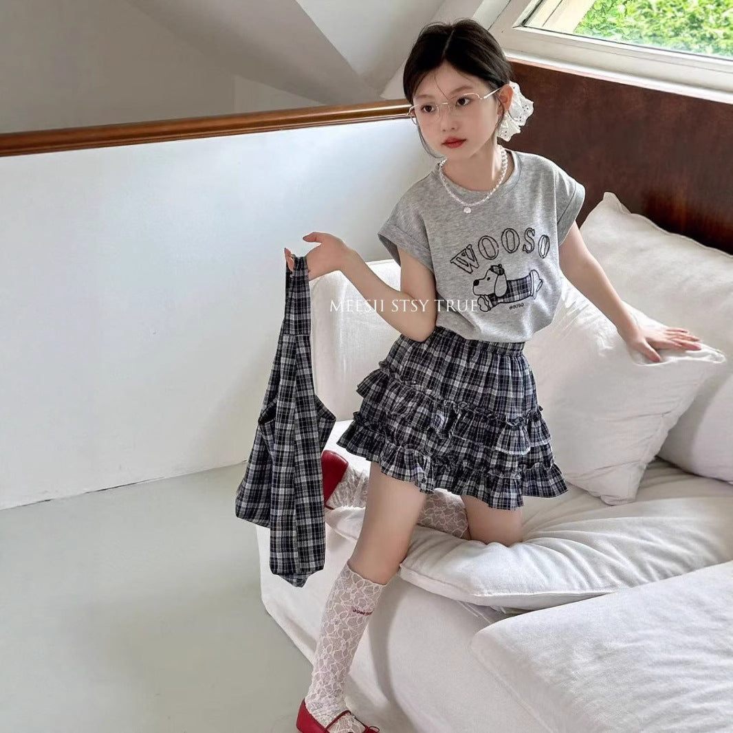 Girls Puppy Cartoon Plaid Skirt Summer Set – Baby & Children's Outfits – Image 3