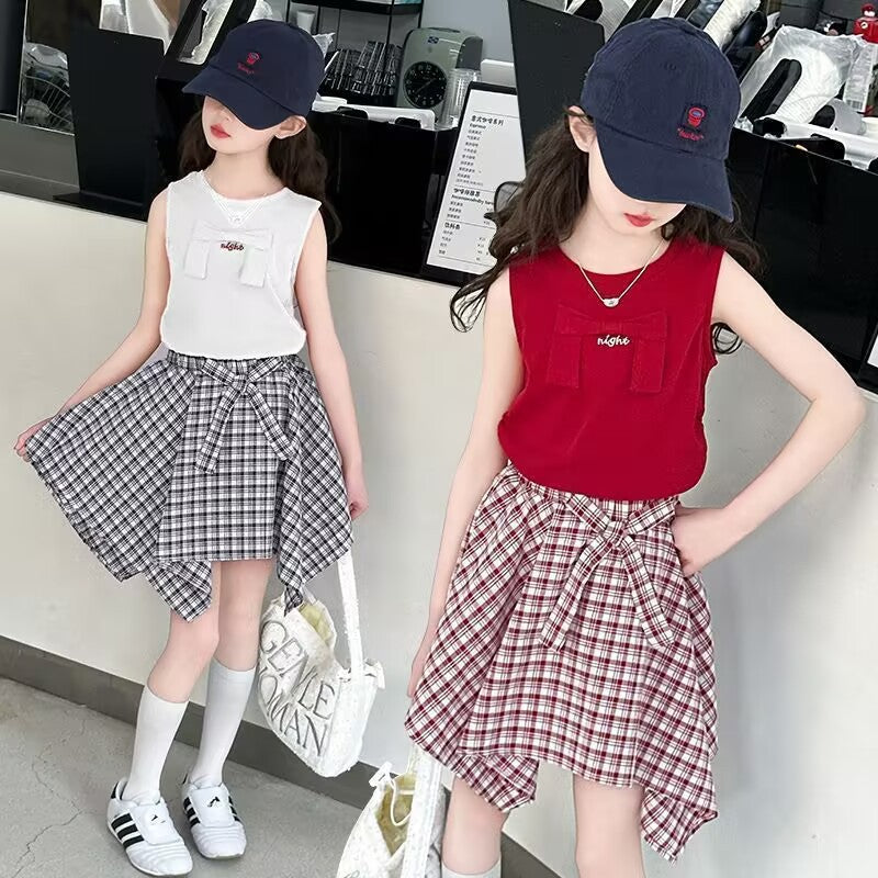 Girls Color-Block Plaid Skirt Summer Set – Baby & Children's Outfits – Image 2