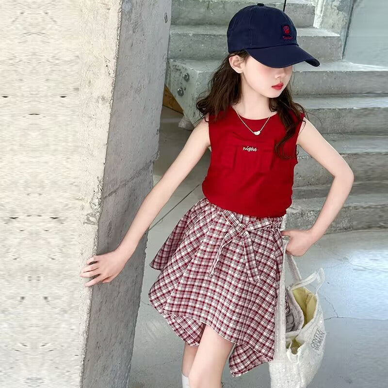 Girls Color-Block Plaid Skirt Summer Set – Baby & Children's Outfits – Image 1