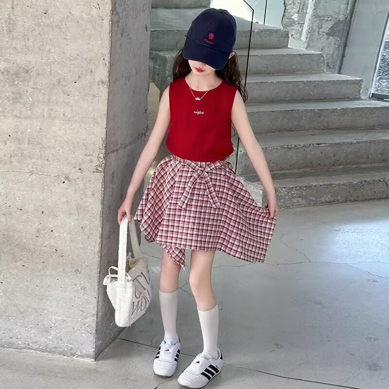 Girls Color-Block Plaid Skirt Summer Set – Baby & Children's Outfits – Image 3