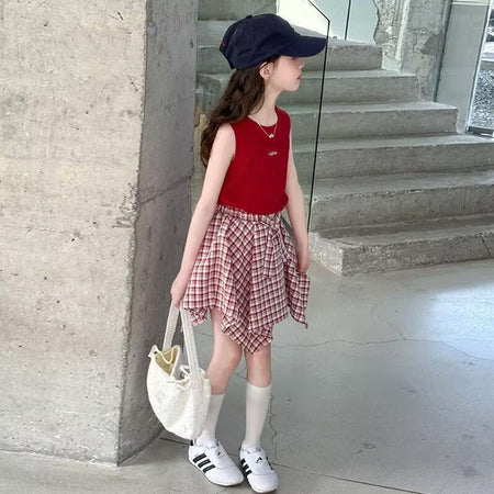 Girls Color-Block Plaid Skirt Summer Set – Baby & Children's Outfits – Image 4