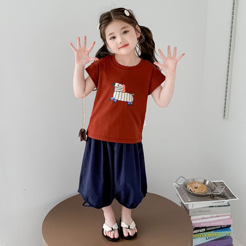 Girls Cartoon Dog Striped Pants Summer Set – Baby & Children's Outfits – Image 1