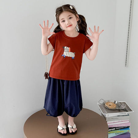 Girls Cartoon Dog Striped Pants Summer Set – Baby & Children's Outfits – Image 1
