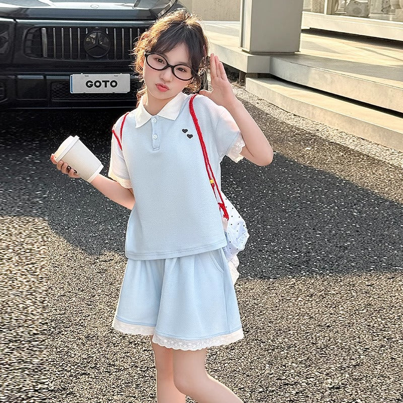 Girls Korean Polo Shorts Summer Two-Piece Set – Baby & Children's Outfits – Image 1