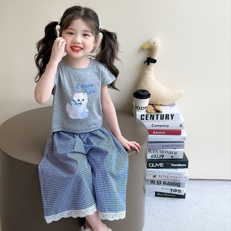 Girls Korean Plaid Wide-Leg Summer Set – Baby & Children's Outfits – Image 1