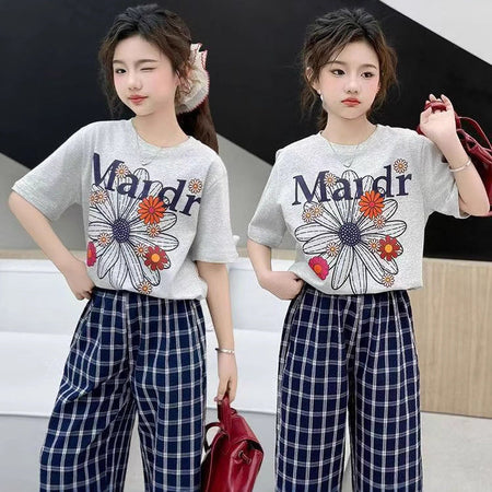 Girls Korean Plaid Pants Summer Two-Piece Set – Baby & Children's Outfits – Image 1
