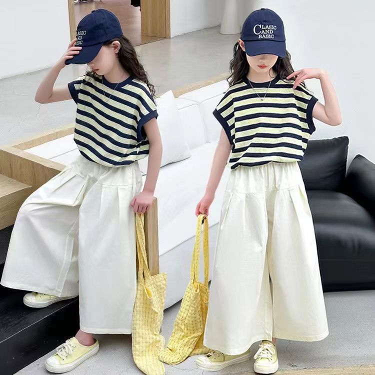 Girls Korean Striped Wide-Leg Summer Set – Baby & Children's Outfits – Image 1