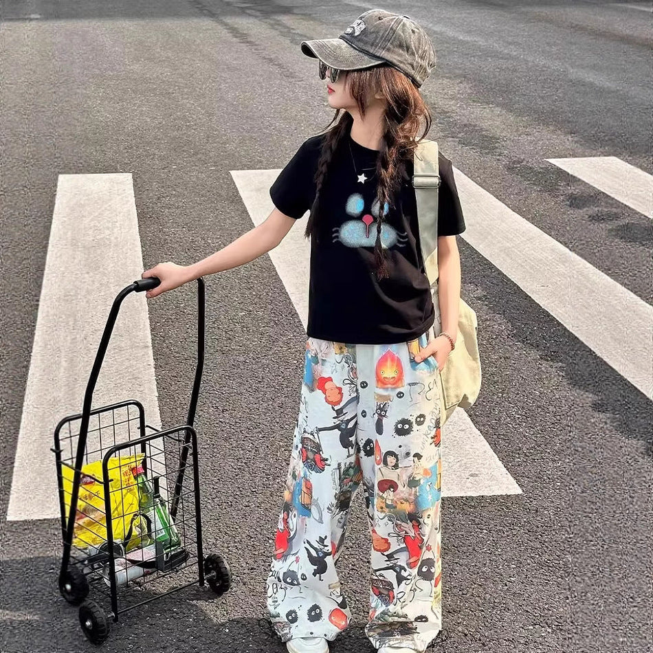 Girls Graffiti Wide-Leg Pants Summer Set – Baby & Children's Outfits – Image 1