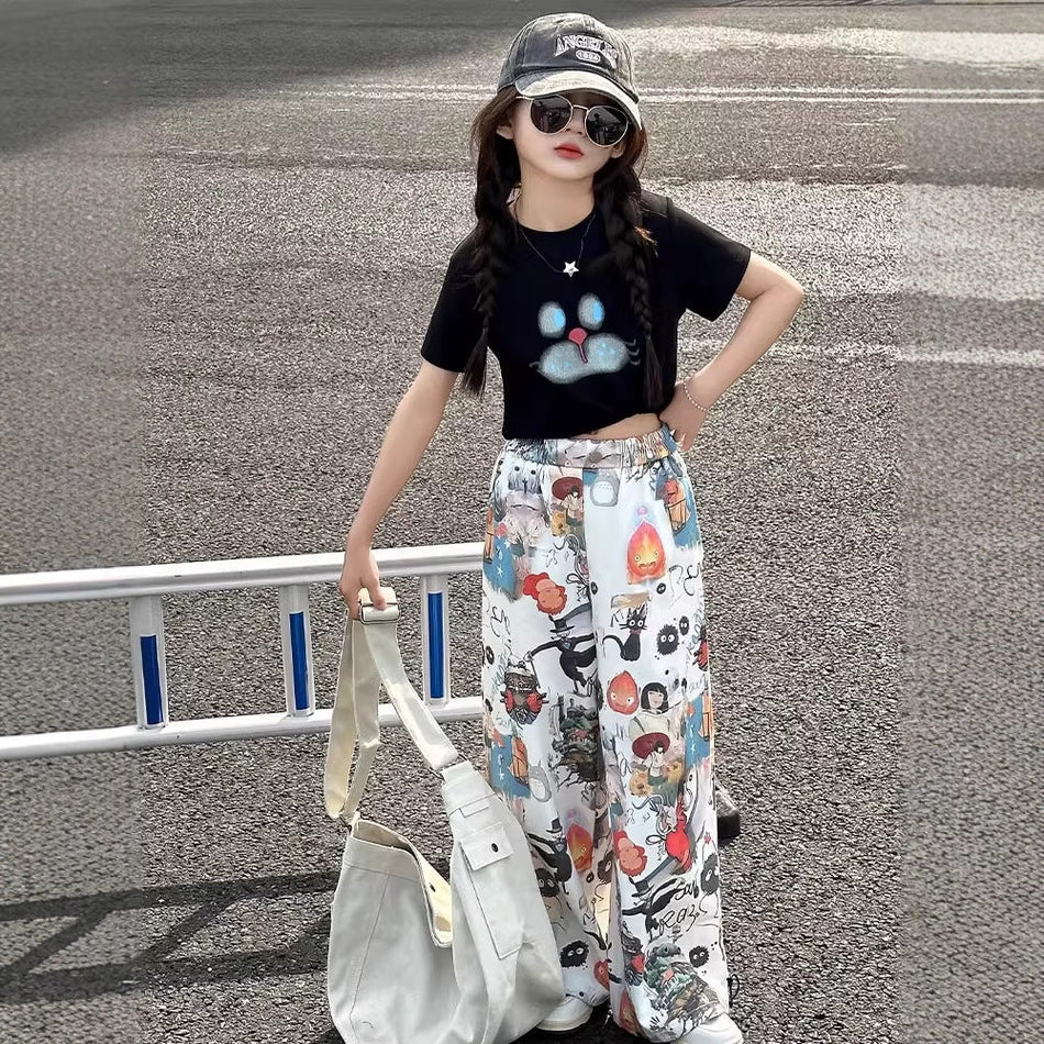 Girls Graffiti Wide-Leg Pants Summer Set – Baby & Children's Outfits – Image 2