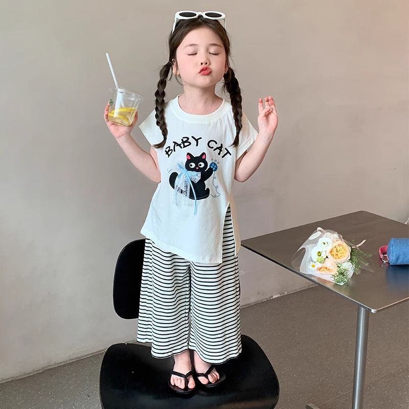 Girls Korean Cat Print Wide-Leg Summer Set – Baby & Children's Outfits – Image 1