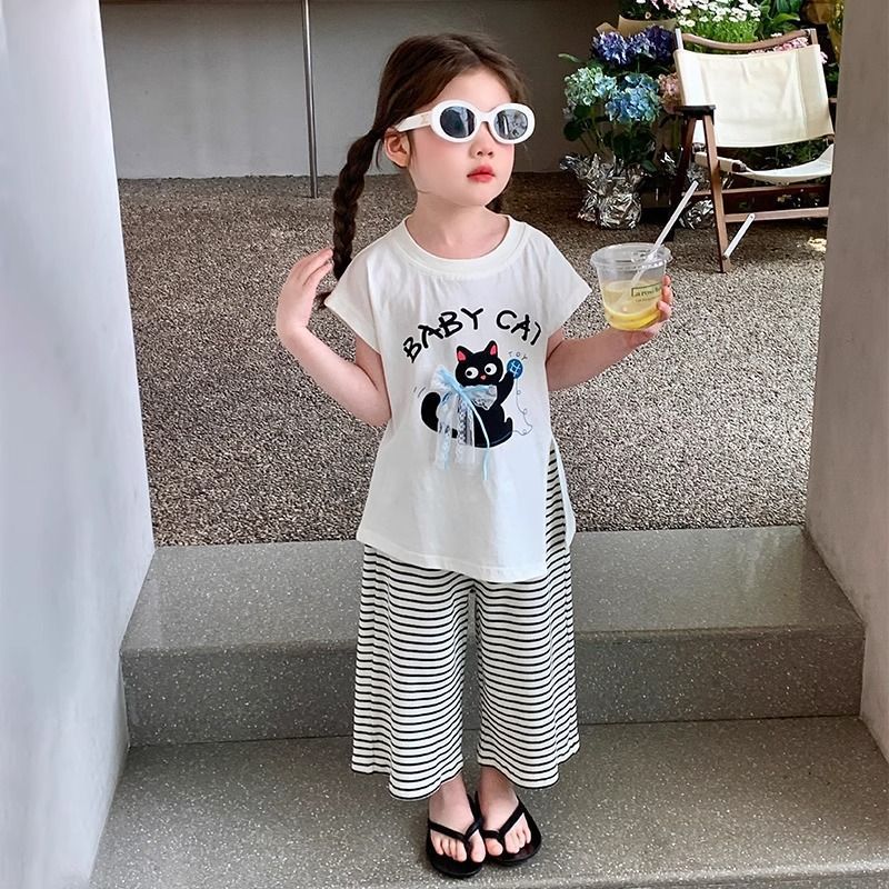 Girls Korean Cat Print Wide-Leg Summer Set – Baby & Children's Outfits – Image 3