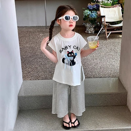 Girls Korean Cat Print Wide-Leg Summer Set – Baby & Children's Outfits – Image 3