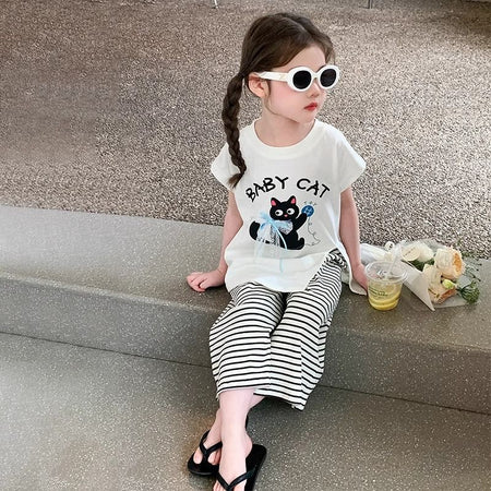 Girls Korean Cat Print Wide-Leg Summer Set – Baby & Children's Outfits – Image 4