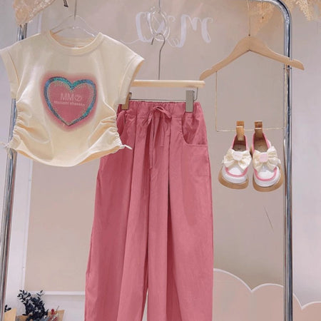 Girls Heart Print Pants Summer Two-Piece Set – Baby & Children's Outfits – Image 1