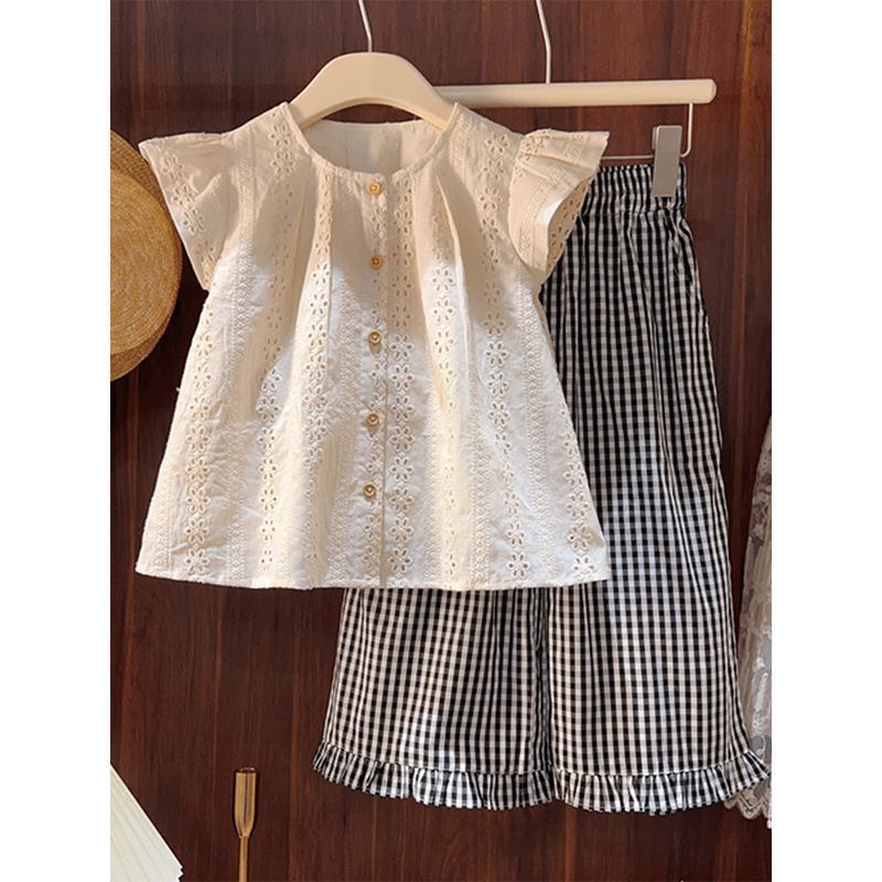 Girls Korean Plaid Pants Summer Two-Piece Set – Baby & Children's Outfits – Image 1