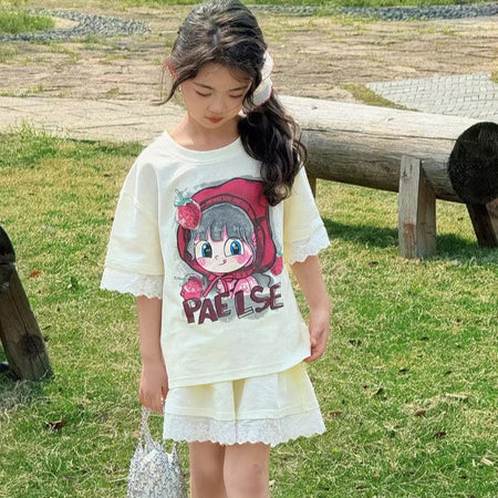 Girls Lace Cartoon Shorts Summer Two-Piece Set – Baby & Children's Outfits – Image 3