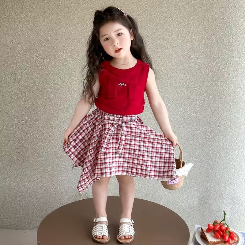 Girls Korean Plaid Skirt Summer Two-Piece Set – Baby & Children's Outfits – Image 1
