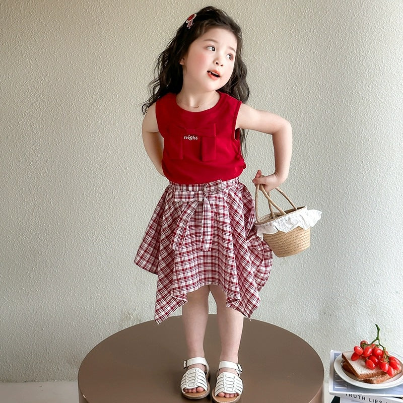 Girls Korean Plaid Skirt Summer Two-Piece Set – Baby & Children's Outfits – Image 2