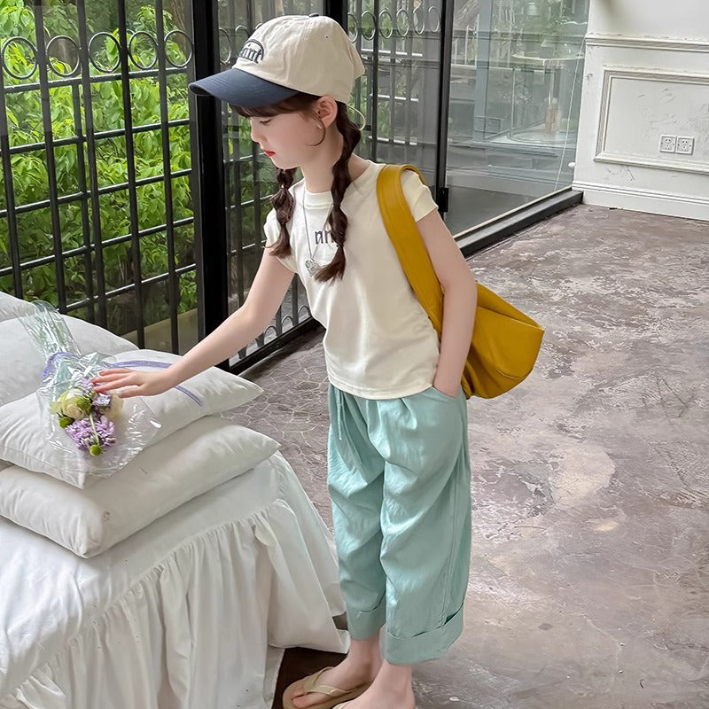 Girls Korean Letter Pants Summer Two-Piece Set – Baby & Children's Outfits – Image 3