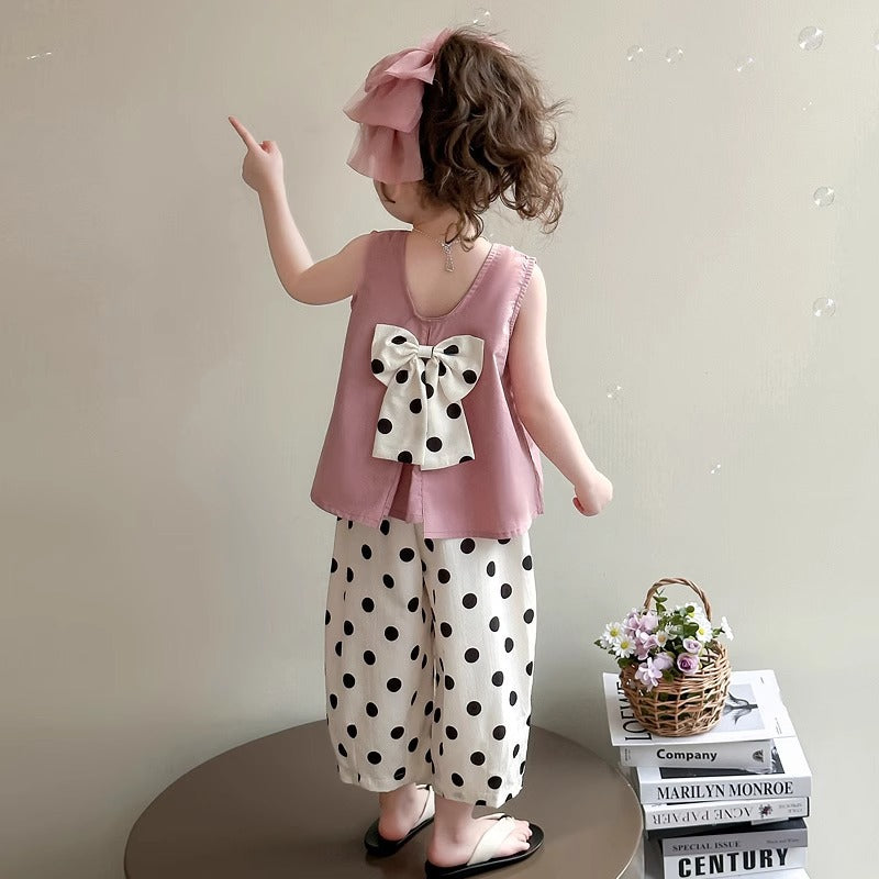 Girls Bow Top Polka Dot Pants Summer Set – Baby & Children's Outfits – Image 1