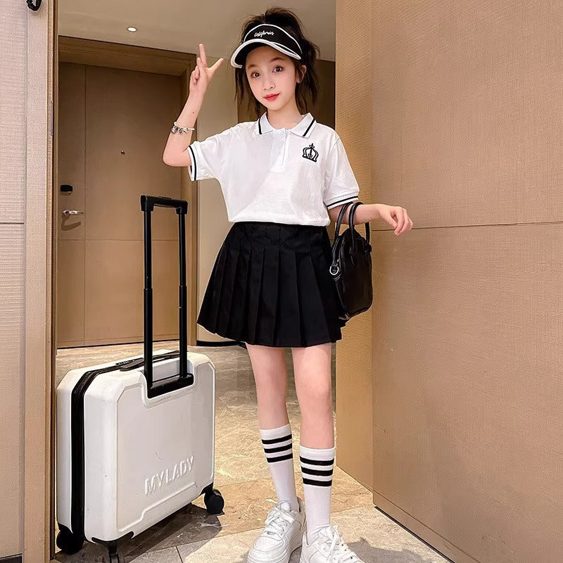 Girls Korean Collar Pleated Skirt Summer Set – Baby & Children's Outfits – Image 1