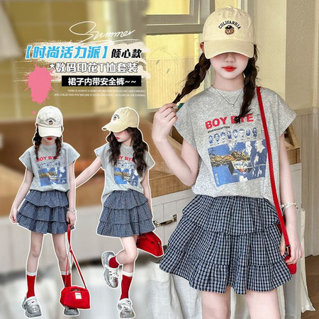 Girls Korean Letter Plaid Skirt Summer Set – Baby & Children's Outfits – Image 1