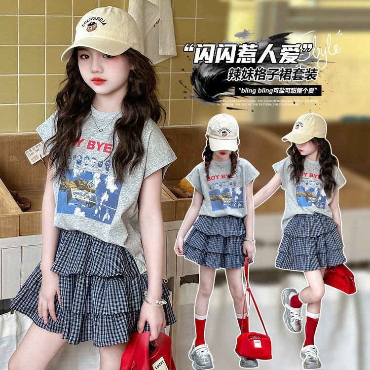 Girls Korean Letter Plaid Skirt Summer Set – Baby & Children's Outfits – Image 2