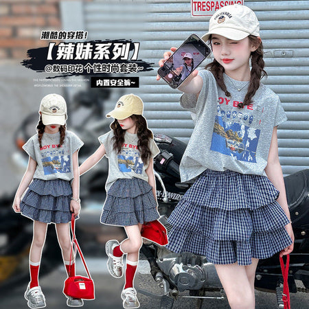 Girls Korean Letter Plaid Skirt Summer Set – Baby & Children's Outfits – Image 3