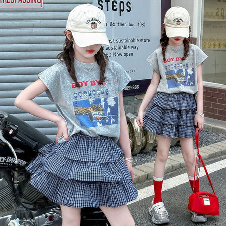 Girls Korean Letter Plaid Skirt Summer Set – Baby & Children's Outfits – Image 4