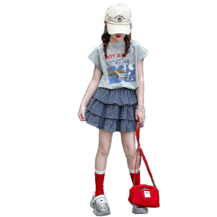 Girls Korean Letter Plaid Skirt Summer Set – Baby & Children's Outfits – Image 5