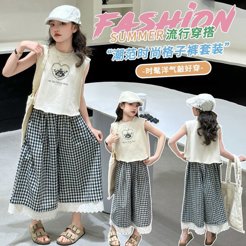 Girls Korean Plaid Pants Summer Two-Piece Set – Baby & Children's Outfits – Image 2