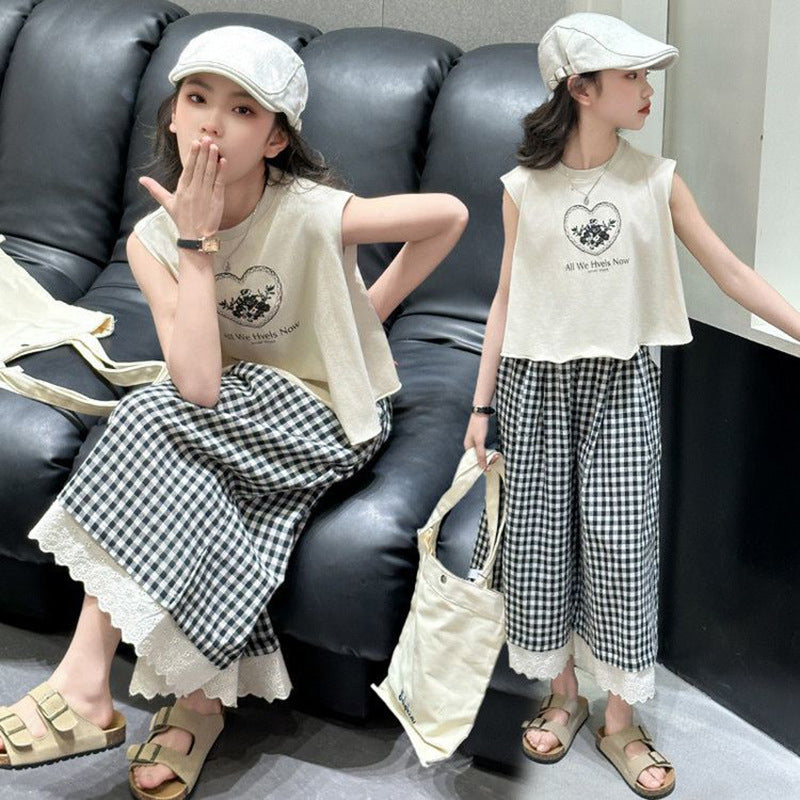 Girls Korean Plaid Pants Summer Two-Piece Set – Baby & Children's Outfits – Image 1