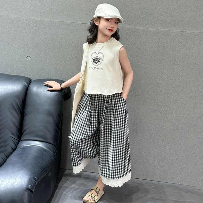 Girls Korean Plaid Pants Summer Two-Piece Set – Baby & Children's Outfits – Image 3