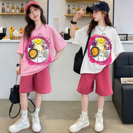 Girls Cartoon Shorts Summer Two-Piece Set – Baby & Children's Outfits – Image 1