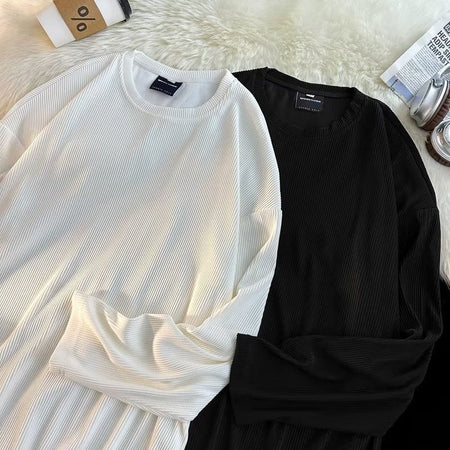 Men's white long sleeve T-shirt - loose fit round neck casual top