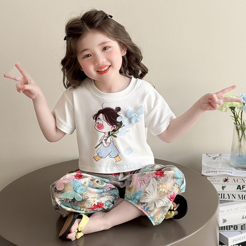 Girls Cartoon Jogger Pants Summer Set – Baby & Children's Outfits – Image 1