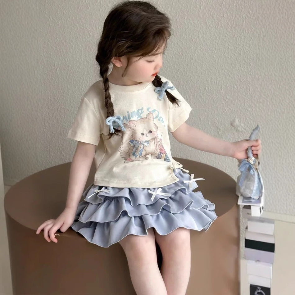 Girls Cartoon Bow Skirt Summer Two-Piece Set – Baby & Children's Outfits – Image 1