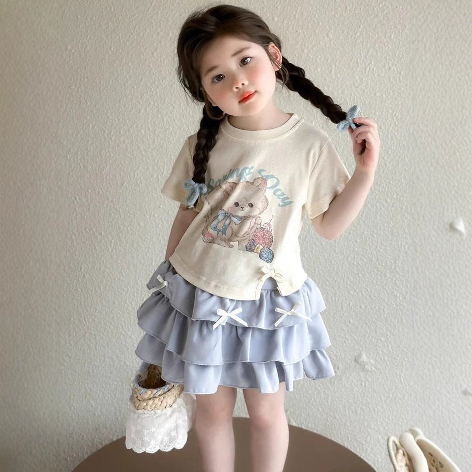 Girls Cartoon Bow Skirt Summer Two-Piece Set – Baby & Children's Outfits – Image 2