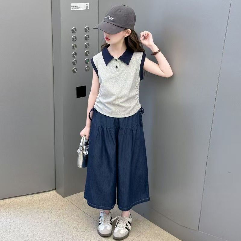 Girls Color-Block Lapel Pants Summer Set – Baby & Children's Outfits – Image 1
