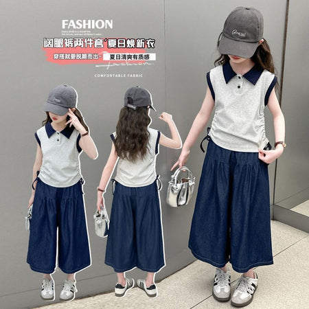 Girls Color-Block Lapel Pants Summer Set – Baby & Children's Outfits – Image 2