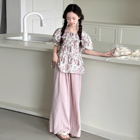 Girls' Korean Fashion Floral Suit, Big Children's Summer New Style Puff Sleeve Top and Wide-Leg Pants Two-Piece Set – Baby & Children's Outfits – Image 1