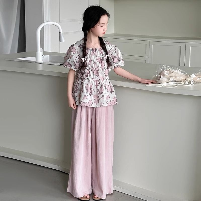 Girls' Korean Fashion Floral Suit, Big Children's Summer New Style Puff Sleeve Top and Wide-Leg Pants Two-Piece Set – Baby & Children's Outfits – Image 2