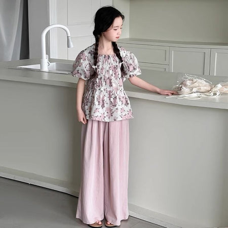 Girls' Korean Fashion Floral Suit, Big Children's Summer New Style Puff Sleeve Top and Wide-Leg Pants Two-Piece Set – Baby & Children's Outfits – Image 2