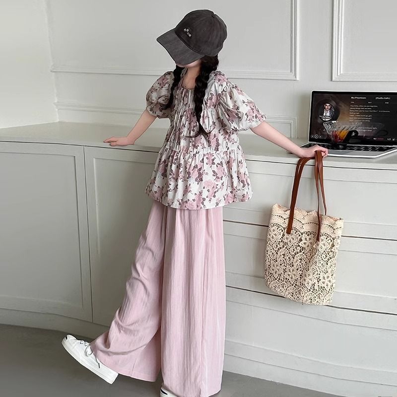Girls' Korean Fashion Floral Suit, Big Children's Summer New Style Puff Sleeve Top and Wide-Leg Pants Two-Piece Set – Baby & Children's Outfits – Image 4