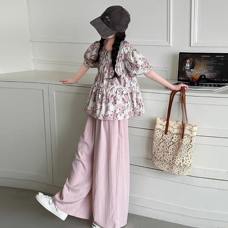 Girls' Korean Fashion Floral Suit, Big Children's Summer New Style Puff Sleeve Top and Wide-Leg Pants Two-Piece Set – Baby & Children's Outfits – Image 4