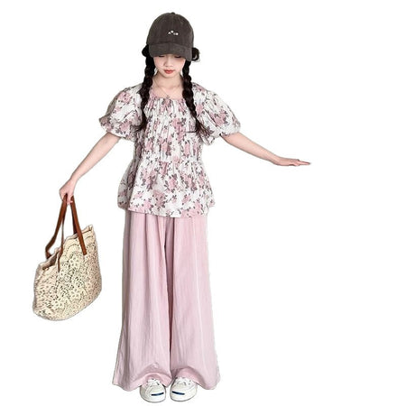 Girls' Korean Fashion Floral Suit, Big Children's Summer New Style Puff Sleeve Top and Wide-Leg Pants Two-Piece Set – Baby & Children's Outfits – Image 5