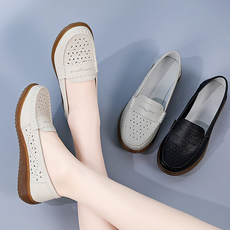 Women Leather Hollow Bean Shoes Soft Sandals